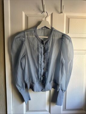 Zara Pale Blue Sheer Ruffle-Trim Blouse